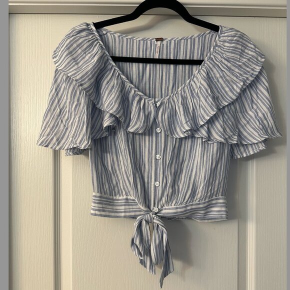 NWT Free People Blue White Rosemary Striped Tie Front Cropped Ruffle Blouse (XS) - Picture 1 of 6